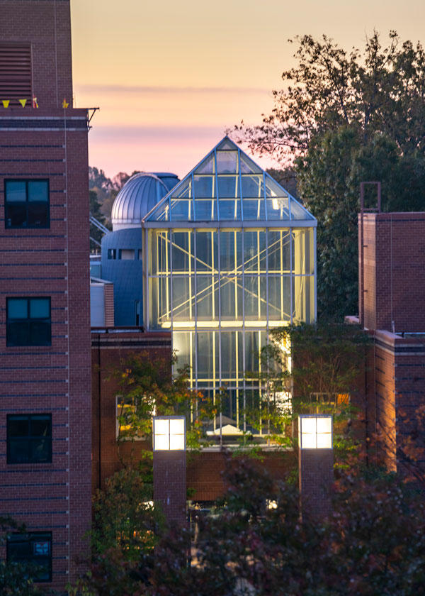 Atrium of Enterprise Hall, Home of the Mason School of Business, at sunrise